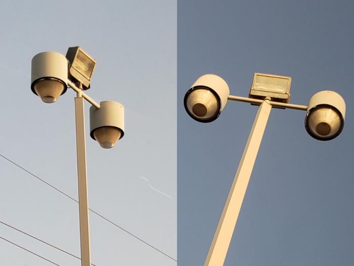 Holophane 1kW HPS high mast decorative fixtures with a 1kW HPS flood light
Pictures taken on November, 30 2019

At a O'Reilly Auto Parts store.
Keywords: Misc_Fixtures
