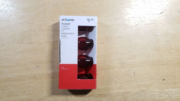 At Home transparent red C7 shaped incandescent bulbs
Picture taken yesterday.

Also one of my clearance finds. Got these bulbs for just $0.20! Not bad!
Keywords: Lamps