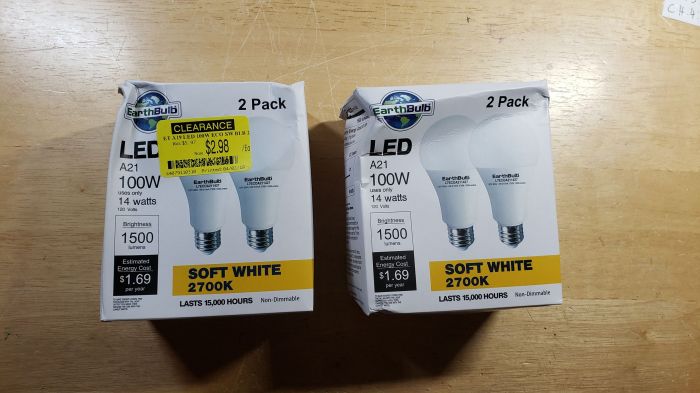 Earthbulb 2 pack 14w (100w EQ) warm white LED bulbs
Got this on clearance at HEB for $3 bucks a piece.
Keywords: Lamps