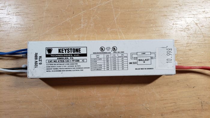 Keystone electronic ballast
Picture taken yesterday. 

Got this at the Restore for $5. It will work on F20 T12 and F15 T8, and also what's listed on the ballast label. And I tested this ballast, and it works.
Keywords: Gear