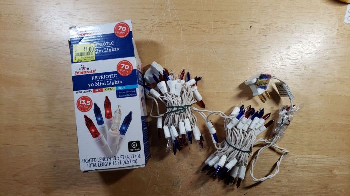 Patriotic incandescent red, clear, and blue mini lights with white wire
Picture taken on July 10, 2019. 

Got this set on clearance for a $1 at Walmart.
Keywords: Miscellaneous