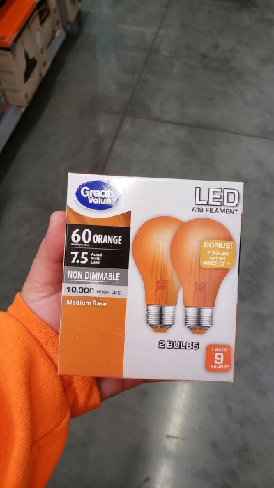 Great Value orange colored LED filament bulbs
Picture taken on November, 16 2019

Forgot to upload this photo from the other day. These Great Value colored LED filament bulbs have the orange phosphor on the LED filaments, not like the Philips ones where they have the color tint on the glass envelope with the same phosphor LED filaments in them.
Keywords: Lamps 