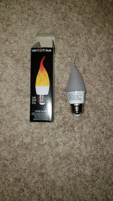 LED Candle shaped flame bulb
Got this at Walmart on clearance at 50%. All of their Christmas decor is 50%. So this bulb is $1.49, I believe... Was $9 though.
Keywords: Lamps
