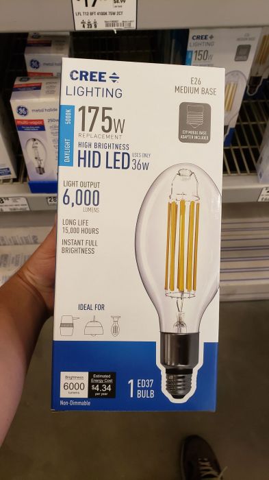 WHOA! Look at this HUGE LED filament "retrofit" bulb!
Once I walk by in the lighting section of Lowe's, I saw this. Its a Cree LED filament retrofit lamp for replacement of a 175w HID. 
Keywords: Lamps