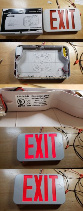 My Cooper Lighting/AllPro APX7R LED exit sign with battery back-up
Got this also at the ReStore for $15. Will get a cord for it soon and it will be on my wall. The second pic is the insides of the sign, the third pic is the info sticker, fourth pic is when its in AC power, and fifth pic (bottom pic) is when the sign is in emergency mode.
Keywords: Misc_Fixtures