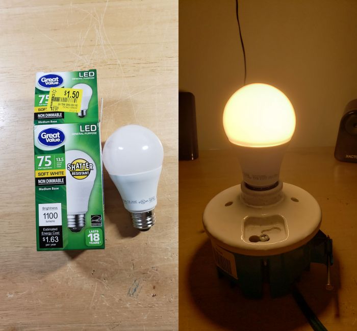 Great Value 13.5w (75w EQ) LED bulb
Picture taken on May 30, 2019.

Now I didn't pay $1.50 for this. I actually paid a $1 for it on clearance at Walmart.
Keywords: Lamps