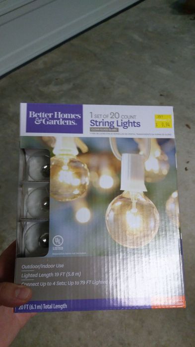 Better Homes & Gardens 20 ct incandescent globe light strings
I brought two of these from Walmart on clearance for $9.96. 
Keywords: Miscellaneous