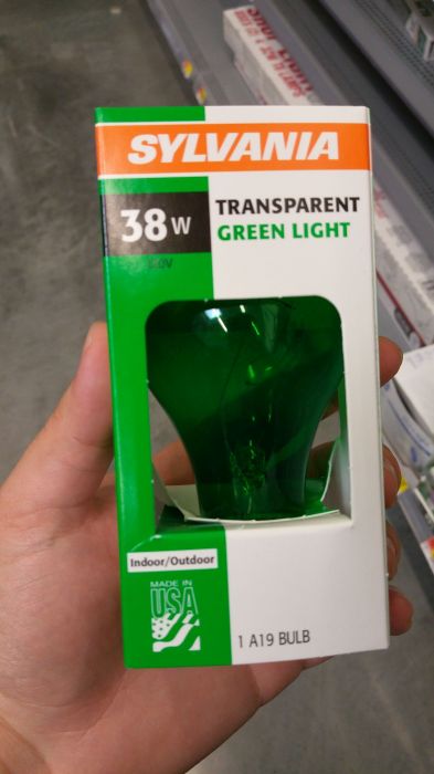 Sylvania 38w green incandescent bulb
Does your Walmart still sell these? Even though, this one has a manufacture defect, notice the bend in the filament structure.
Keywords: Lamps