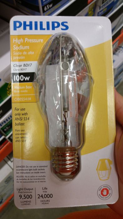 Philips 100w HPS bulb
Interesting that it's in a see through packaging.
Keywords: Lamps