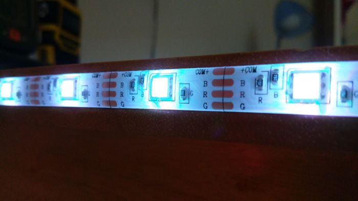 My RGB LED strip on the edge of my desk. (close up)
A close up of the RGB LED strip.
Keywords: Lit_Lighting
