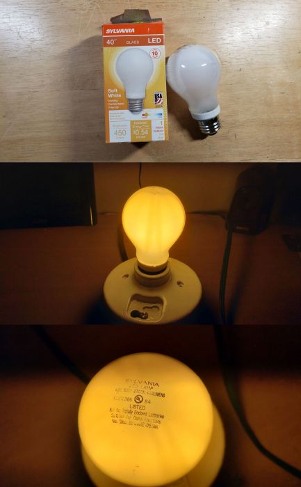 Sylvania 4.5w (40w EQ) LED filament bulb
Picture taken on May 30, 2019

Got this at Walmart on clearance for $0.75.
Keywords: Lamps