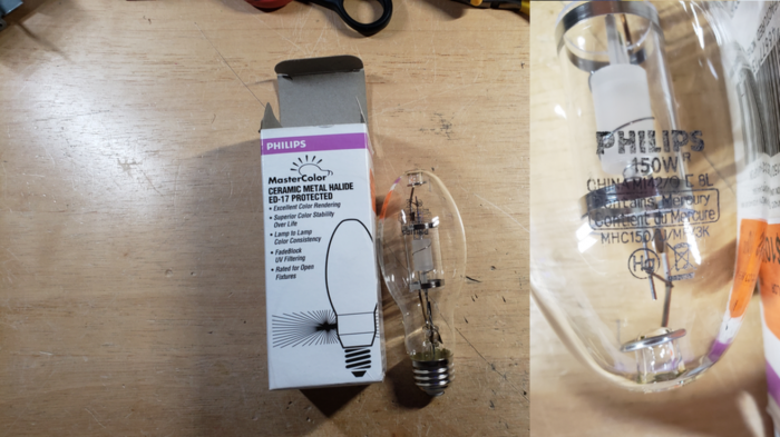 PHILIPS MASTERCOLOR MHC/150/U/MP/3K
A restore find for $10. This bulb will be for my wall pack. They didn't have any 150w QMH lamps except the 150w CMH lamps.
Keywords: Lamps