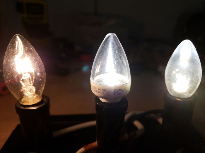 Night Light bulb comparison 
Any differences about these three, the incandescent (left) first gen. LED night light bulb (middle) and the second gen. LED night light bulb (right).
Keywords: Lit_Lighting