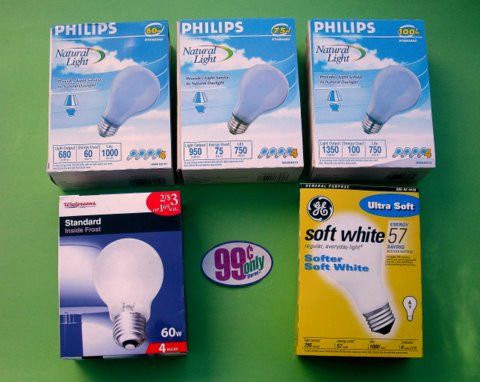 Five Bucks 
Went to the 99c store last week, here is the haul. Philips 60w made in Mexico, 75 & 100 Indonesia, Walgreen 60w made in China, GE assembled in USA.
Keywords: Lamps