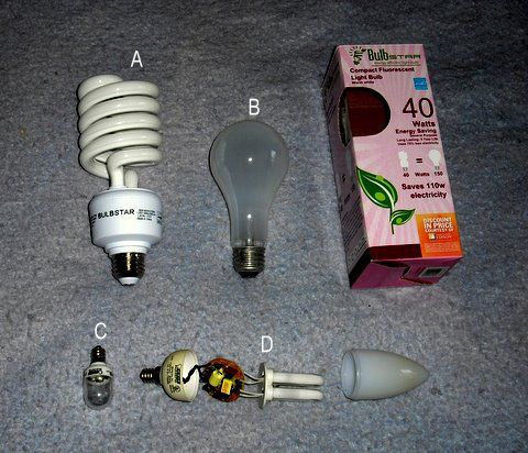 Some New Lamps
A) 40w CFL I got for 60c (SCE subsidised, thanks Dave) at 99c only.  B) a 150w incandescent to compare size of the 40w CFL replacement.  C) LED nightlight bulb, has 3 LEDs inside.  D) a 3w chadalier CFL that died, and I opened it up to show it's insides.
Keywords: Lamps
