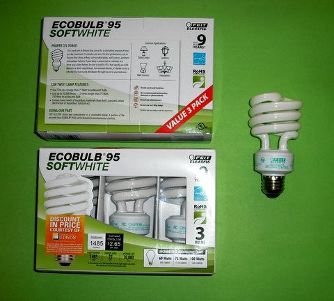 Feit CFL
Hogtail, Pigtail, Twisty, Curly-Fry, Spiral, or what ever you call them are now being "Dumbed-Down" like the incandescents ie; 95w=100w. These are replacing the 90 or 95w bulbs. I got these at a 99c only, SCE subsidised. They are 22w instead of 23w as 100w replacements.
Keywords: Lamps