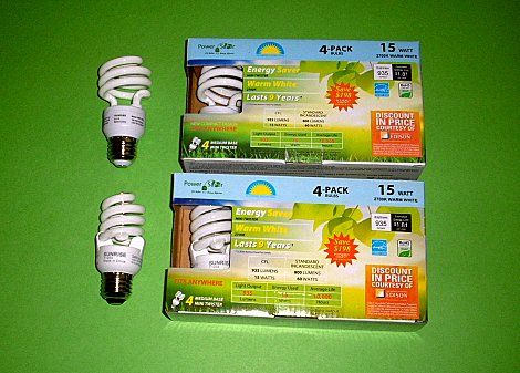 Sunrise CFLs
I got these at a 99 Cents Only, SCE subsidized. They are both 15 watt, but are slightly different shape and the bottom one has a little dimple near the base. Both 4-packs have the same UPC code.
Keywords: Lamps