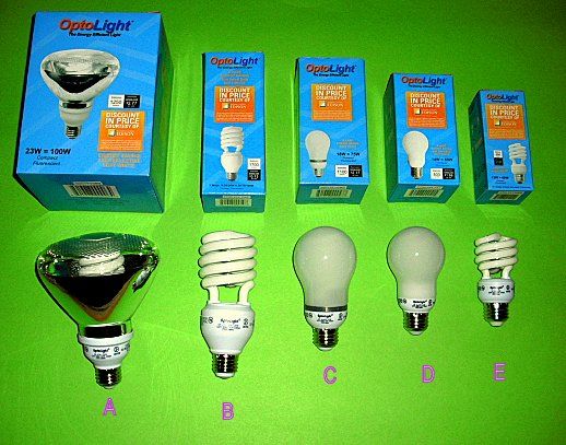 Opto-Light CFLs
I got these subsidized CFLs for 25c each.  A) 23w R38 = 100w  B) 3-way 11-20-26w = 50-75-100w  C) 18w enclosed = 75w   D) 14w enclosed = 60w  E) 13w = 60w. All are made in China as usual
Keywords: Lamps