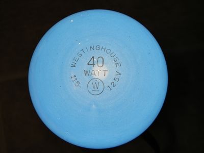 Vintage Westy 40 Watt Blue
Etching on a Westinghouse 40 watt ceramic coated blue bulb. 1950's vintage. This has the pre May 1960 Westy logo with the older underscored "W". After May 1960, Westinghouse began using the newer "w" with 3 dots at the top peaks of the "W" that we know today.
Keywords: Lit_Lighting