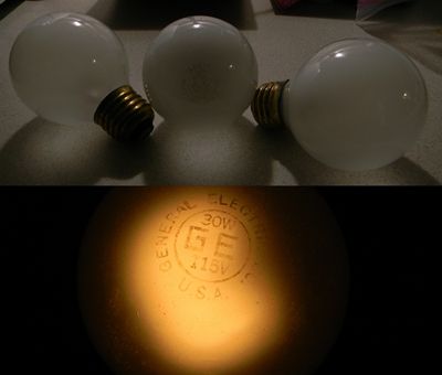 Vintage 30 watt GE Frosted Globe Bulbs
1930's era frosted GE globes. Surprised these didn't get marked with the Mazda label (used up to 1945) given their age. these were in some homemade wooden box like device used for photo finishing and had exposed terminal porcelain cleat sockets and a glass panel on it. this box was found in a curbside junk pile.
Keywords: Lamps