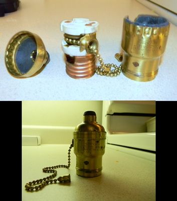 vintage Bryant Metal Shell Chain Lamp Socket
An old 1910's to 1930's era solid brass metal shell socket with porcelain pull chain interior mechanism, they sure don't make lamp sockets this good anymore. Cap has a threaded black bushing  for pendant cord use.
Keywords: Lighting_History