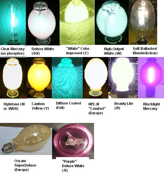 Mercury lamp phosphor types
Here is a comparison of mercury lamp types/colours that I made a while ago from mostly other people's pictures as I don't own all these types. Obviously, it is impossible to render a digital camera image exactly like the light from a lamp, but this is as close as I could get as I HAVE seen all these lamp types in operation in person, except the Osram SuperDeluxe (which I have heard is very similar to the old US "/N" lamps - and almost identical to an incandescent lamp),  the "/X", which, although purple-coated, looks almost the same as a /DX when lit (it's a /C with the addition of the purple coating to strengthen the red output), and the Beauty-Lite, which also looks very similar to the /DX, but with higher CRI.
Keywords: Lighting_History