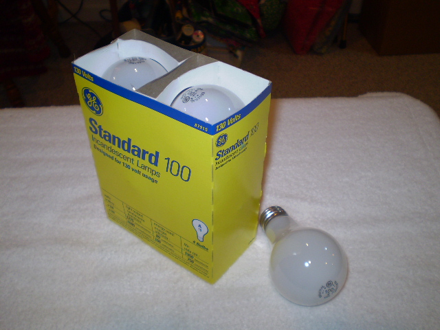 General Electric Standard 100
General Electric Standard 100 Watts and 130 Volts bulb.  This one is made of USA!

For Voltage of 120: 1275 Lumens, 89 Watts, and 1950 Hours.
For Voltage of 130: 1680 Lumens, 100 Watts, and 750 Hours.
Keywords: Lamps