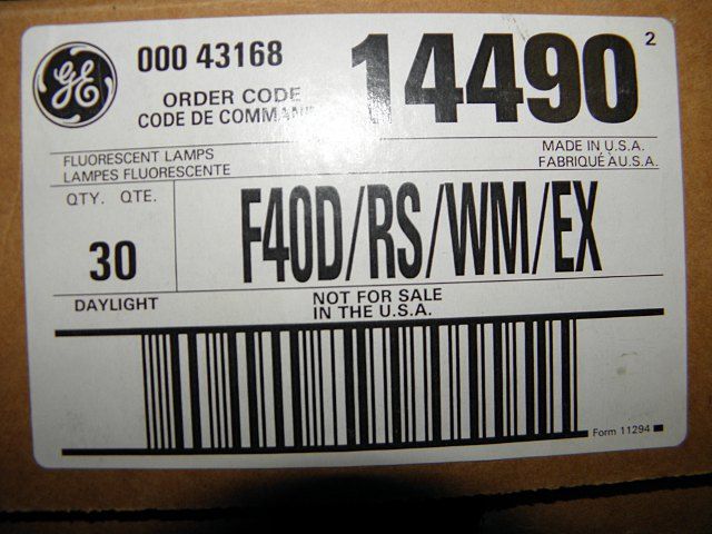 Export Lamps
Interesting export only label on a case of 34w daylights from Restore. None of the lamps were left though, I just got the case to store my extra fluorescents. 
Keywords: Miscellaneous