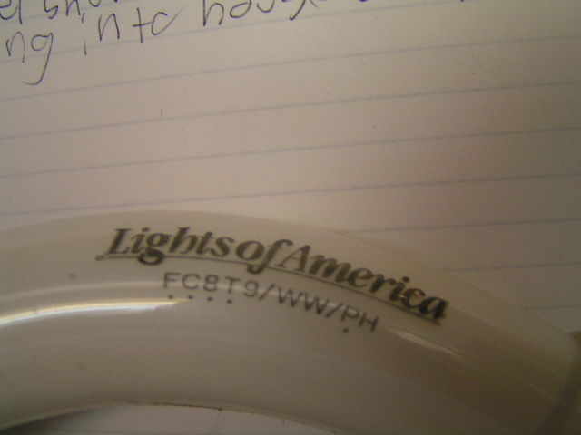 Lights of America FC8T9/WW/PH
In my LOA 22w preheat adapter.  Sorta ugly color when lit but still cool nonetheless. Date?
Keywords: Lamps