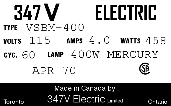 Moar 347V ElectricZ!
Here's a updated version of the 347V Electric nameplate that's my current avatar. 

[b]Here's the Old Nameplate and Description:[/b]

[IMG]http://i560.photobucket.com/albums/ss50/joseph_125ON/Meta/1722bb3a.png[/IMG]

[b]347V Electrical Nameplate[/b]

Here's a larger version of the 347V Electrical nameplate that replaced the old [url=http://www.galleryoflights.org/mb/gallery/displayimage.php?pos=-1641] B2255 tag [/url] that I used before as my avatar.  The specs are based off a fictional cobrahead, the [url=http://www.galleryoflights.org/mb/gallery/displayimage.php?pos=-2822] SBM 400 [/url] that I drew for the design you own streetlight contest a while back. Now maybe my next drawing would be creating a logo for my company...
Keywords: Drawings_/_Wire_Diagrams_/_Spec_Designs_/_Etc.