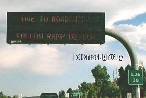 LED Highway Sign
A LED message-board/highway sign
(in this case displaying info about construction)
Image is a video-frame-grab taken from a moving car..


Location:
Highway 36,  Boulder, CO
Keywords: Miscellaneous