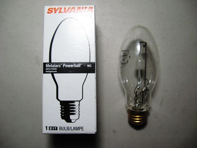 Sylvania Metalarc PowerBall 100 watt metal halide
100 watt Sylvania PowerBall ceramic metal halide lamp in medium based E17 envelope. I replaced the lamp that came with an "E-conolight" brand CAT# E-WP2M10DZ wall pack that was installed outside my Uncle's shop with this.

Keywords: Lamps