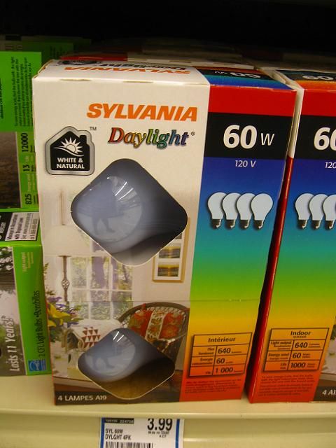 Sylvania Daylight Incandescent 60w.
Pricey set of lamps at Food Lion. Supposed to emit a whiter light at high CRI.
Keywords: Lamps