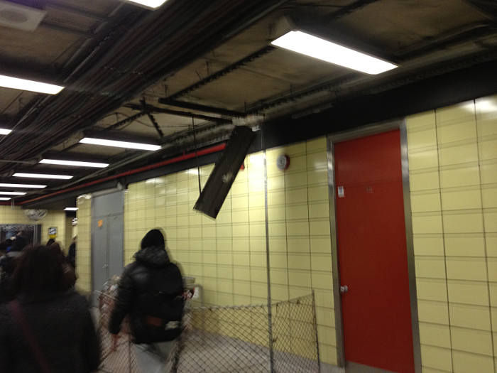 Oops! 
Commuter Hazard: Falling Troffers

(Sorry for the potato like pic xD) 
Keywords: Light_Humor!