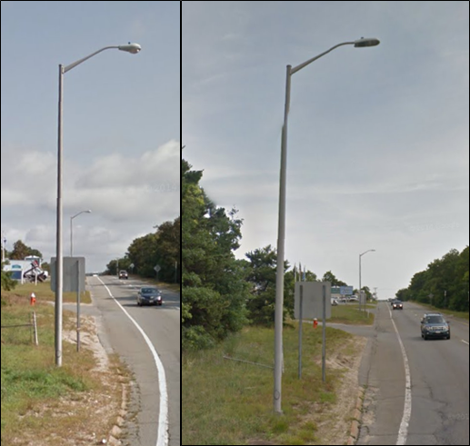 MassDOT is Testing LEDs: Before N' After Street Light Edition
This out near Cape Cod. MassDot replaced all the lights at this rotary (rotary is behind the pic) with GE Evolve LEDs. I actually like these GE Evolves. Much better than the LeoTek Toilet Seats that RIDOT decided to use. :-(

RIDOT is testing out LEDs with a new construction project but I wonder how long it'll be before I start seeing LEDs retrofitted onto existing poles in RI. So far, spot replacements are still HPS. RIDOT is very good with keeping it uniform. If a bad light is drop lens, it gets replaced with drop lens. If it's FCO HPS, it gets replaced with FCO HPS. They don't mix drop lens and FCO. When they start putting up more LEDs they'll be doing it by the interchange, not just a few random poles.
Keywords: American_Streetlights