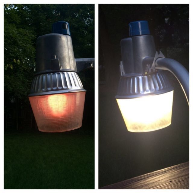 Cooper HPS fixture retrofitted to Mercury vapor. 
I retrofitted a $35 mini yard blaster type thing from lowes into Mercury. It is much brighter and the light qualitiy beats the yucky yellow color of HPS. The new lamp is a GE H38JA-100/DX from the 80s. 
Keywords: American_Streetlights