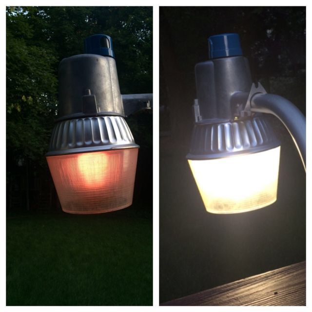 Cooper HPS fixture retrofitted to Mercury vapor. 
I retrofitted a $35 mini yard blaster type thing from lowes into Mercury. It is much brighter and the light qualitiy beats the yucky yellow color of HPS. The new lamp is a GE H38JA-100/DX from the 80s. 
Keywords: American_Streetlights