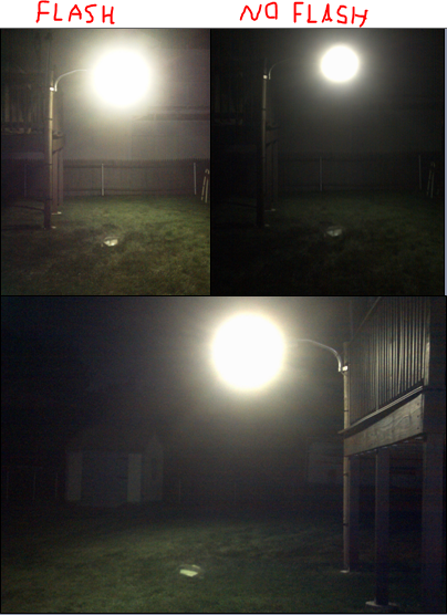 The M-250A Lit At Night
The top two pics are from the same angle but one's with the flash and one's without. The left one shows the ground lit more accuratly but the right one shows the glare from the light itself more accuratly. The bottom pic is with a flash and accuratly shows how the M-250A lights my yard. Lights pretty well IMO. It's on a slight tilt towards the shed so it throws more light toward the larger half of the yard. Amazing how a little sideways tilt can easily cover an additonal 5 feet or so. 
Keywords: American_Streetlights