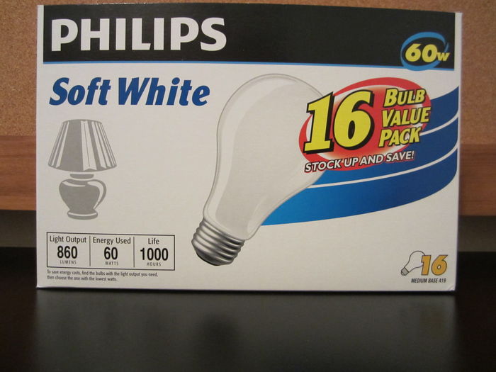 Philips 60 Watt Soft White Bulbs 16 Pack
I have seen contractor boxes of incandescent lamps at Lowes before for about 10 or 11 dollars. But i found these at Wal Mart for about $3.75. I thought it was a good deal so i bought two boxes. I might buy more since incandescents might be hard to find soon.
Keywords: Lamps
