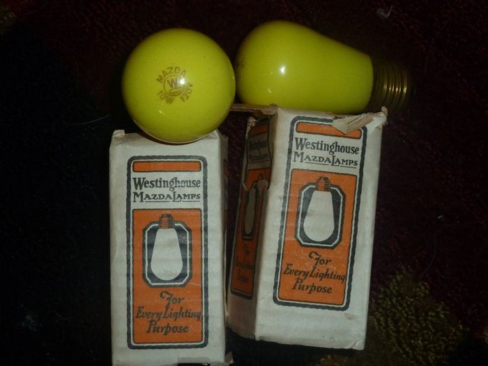 Old 1930s to 1940s Yellow Westinghouse Mazda Incandescdents
I have bought 3 of them, but there is a LOT more where it comes from...

I am willing to get the rest to sell to you, 5 bucks per lamp plus shipping...please PM or email me regarding to this.

Shipping will most likely be a flat rate Priority depending on how many lamps you want.

I donno how many you could get, First come, first served. 

So if the stock runs out. Sorry. There is also another brand that comes in 6 pack and is about the same age and yellow but I forgot the brand name of those.

Let me know! 
-Jace
Keywords: Lamps