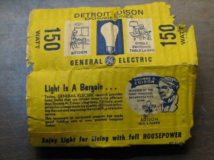 Detroit Edison "Exchange Service"
When I was quite young, I remember our local utility...Detroit Edison...had an exchange service to replace spent lamps for new ones without charge. Those days are long gone, lol. I think it for for only incandescent though. 
Keywords: Miscellaneous