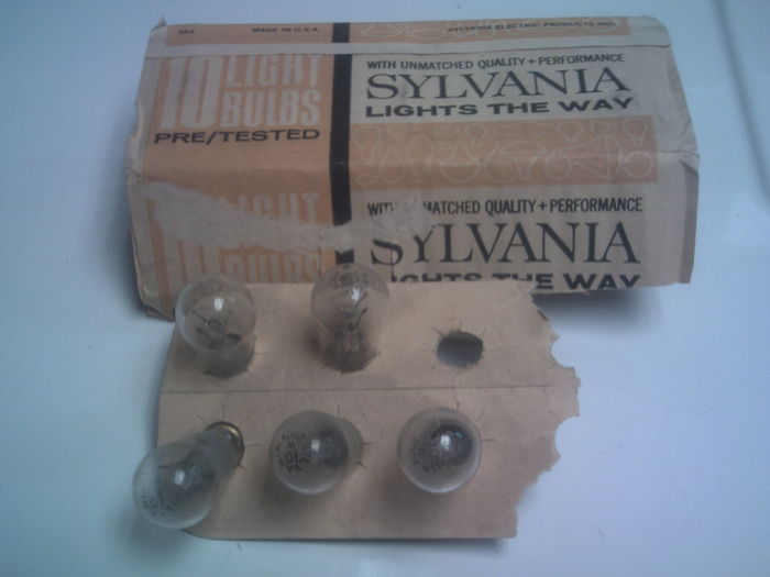 Some NOS Sylvania Indicator Lamps
Here's some miniature A-shaped candelebra 10W 250V indicator lamps. I guess they'd be suitable to replace a 4W nightlight bulb but a little dimmer. I have a few more than in the pic. I had taken them a couple years prior. I wonder how old these are? 1960s or 70s?
Keywords: Lamps