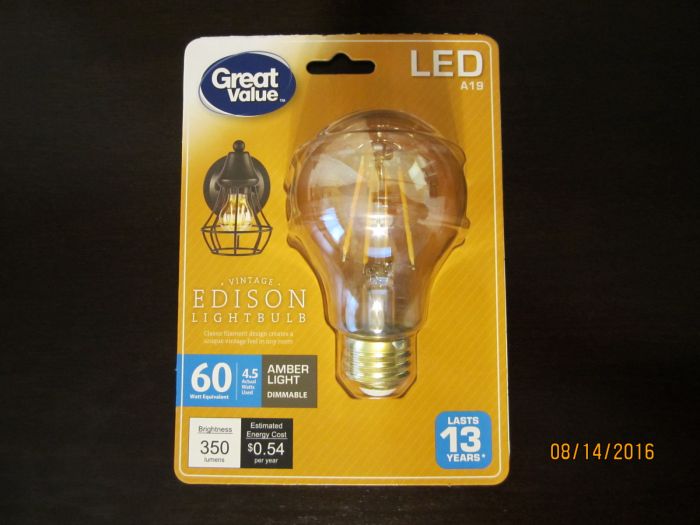 Great Value Vintage Edison Style LED Lamp
Here is a vintage Edison style LED lamp I purchased at Wal-Mart. The package says it produces an amber light color, 2200K. When I test this lamp, if I like it I might replace the three Cree LED lamps in my ceiling fan with these.
Keywords: Lamps