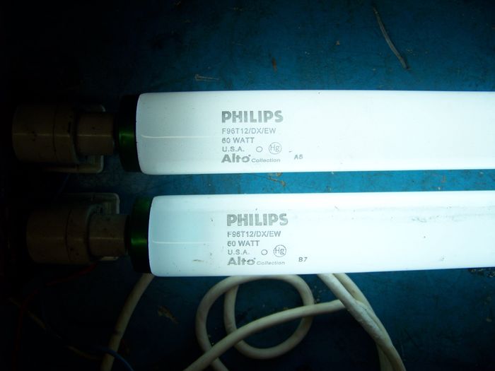 Philips F96T12/DX/EW
These are currently in service in my workshop 8 foot slimline fixture. Since it's rarely over 60F in the basement, they always start with striations. Less than 3 minutes after they're fine though.

However when the basement fireplace is lit, temperature can easily get over 70F in the basement. In those conditions they start right away with no striations!
Keywords: Lamps