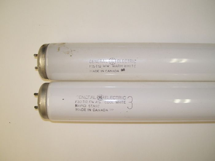 GE F15T12 Warm White and F30T12 Cool White
Here's some GE fluorescent lamps that I also got at Restore today, it seems be older than the CGE era so I think it's from around the 1970's. The F30 also has a 3 next to the etch for some reason, maybe it was something like the 3 plus lamps? 
Keywords: Lamps