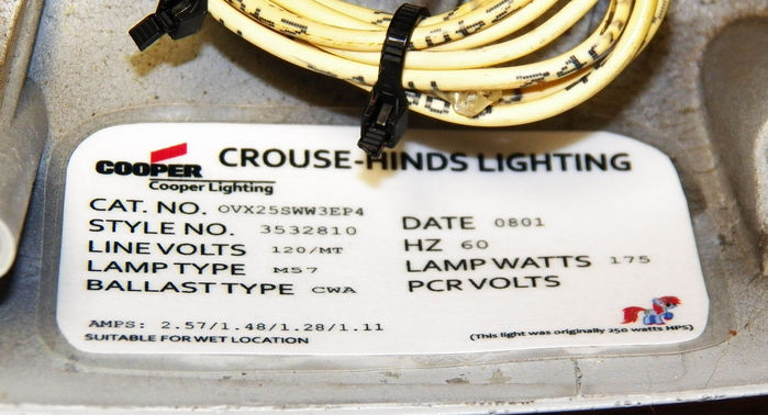 Custom fixture tag!
Changed some of the info on it, and made a custom label for inside the fixture. The Cat. No. is the same as the original, so that one will say that it is a 250 watt High Pressure Sodium lamp and I did that on purpose.

It has the updated ballast information though. The date is the same. And as you can see on the corner I put "This light was originally 250 watt High Pressure Sodium". I whipped up the label in Photoshop and printed it out on cardstock and laminated it, then super-glued it to the body.
Keywords: American_Streetlights