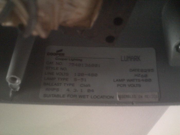Nameplate on My Cooper OVX
It's a 120/480V ballast, not 120 through 480V Just two taps. The nameplate would read 120/208/240/277/480 for voltage if it was a 120 through 480V. Made in January 1995! It has no PC socket, but I would like to add one if I can.

BTW, lights4life, your OVX is identical to this one.
Keywords: Gear