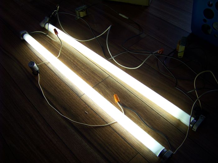 Attempt at showing brightness difference between two CGE F26T8s
The lower tube has significantly lower hours than the upper one. In person there's a noticeable difference in light output, one being dimmer than the other. You can see the upper tube has small but very black spots, typical of tubes run on manual preheat circuits.
Keywords: Lit_Lighting