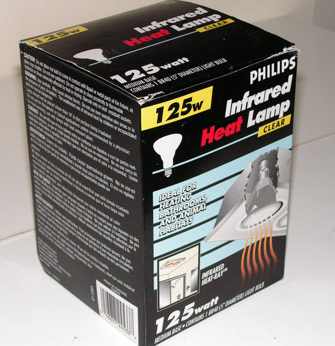 Philips 125w infrared heat lamp
Found this at Goodwill and replaced my 250w bathroom heat lamp with it to save a little energy. The filament sits quite deep in the reflector and so it creates interesting shadows in the room.
Keywords: Lamps