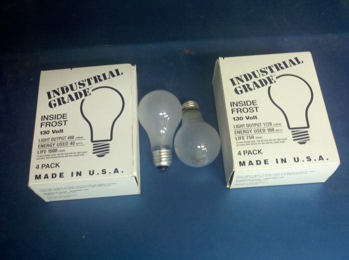 The LAST USA-made classic inside frosted bulbs I bought brand new
There seem to have some interest in old inside frosted bulbs so I decided to show the last USA made ones I bought brand new in stores (not counting various NOS ones and new rough service ones I have since added). The bulbs here are Industrial Grade 40w and 100w 130v bulbs I bought at Home Depot in 1998 or 1999. They were made 8/98 and 4/98, respectively, at the old Westy plant in Little Rock, Arkansas plant which Philips closed in August 1998. These bulbs have the same internal design as my old Westys.
Keywords: Lamps